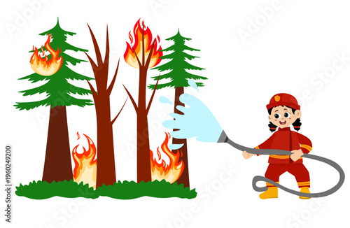 cute little kid wearing a firefighter uniform holding a fire hose that is pouring water from a fire hydrant. Vector illustration 