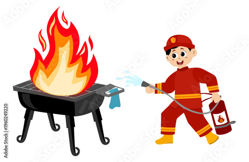 cute little kid wearing a firefighter uniform holding a fire hose that is pouring water from a fire hydrant. Vector illustration 
