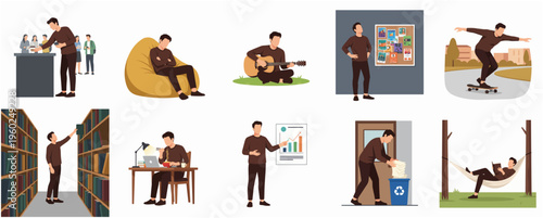 Flat Style Set of Daily Life Activity of Young Man Illustration