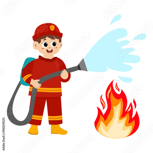 cute little kid wearing a firefighter uniform holding a fire hose that is pouring water from a fire hydrant. Vector illustration 