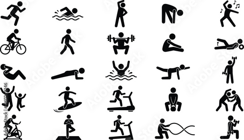 A set of line art illustrations depicting various fitness and exercise concepts in vector silhouette design