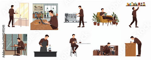 Flat Graphic Style Diverse Scene of Man Doing Various Activity Illustration