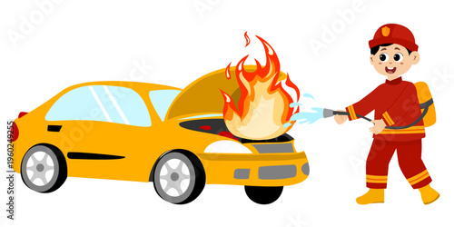 cute little kid wearing a firefighter uniform holding a fire hose that is pouring water from a fire hydrant. Vector illustration 