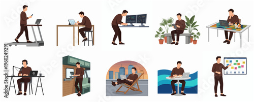 Flat Style Different Locations Man Working with Laptop Illustration Set