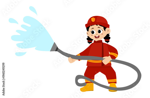 cute little kid wearing a firefighter uniform holding a fire hose that is pouring water from a fire hydrant. Vector illustration 