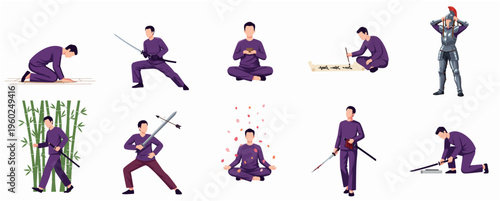 Flat Isolated Samurai Warrior In Different Poses With Weapon Illustration