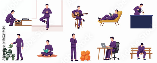 Flat Style Diverse Man Daily Activities Lifestyle Illustration Set