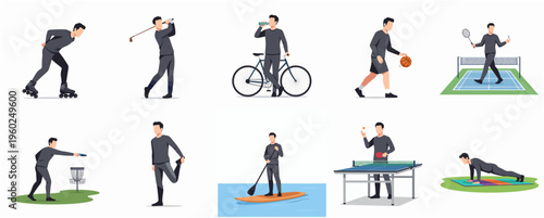Minimalist Flat Illustration of Man Doing Various Sport Activity