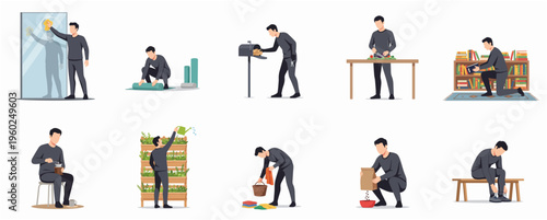 Modern Flat Style Man Doing Various Activities Illustration Set