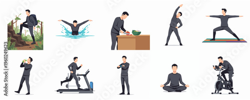 Flat Illustration of Man Doing Sport Activities for Healthy Lifestyle Concept