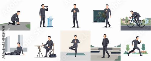 Flat Illustration Lifestyle Active Man Doing Activities In Various Situations