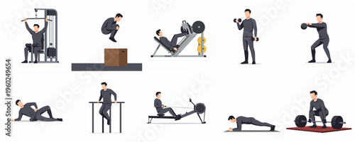 Minimalist Illustration Collection of Man Doing Various Gym Exercise Workouts