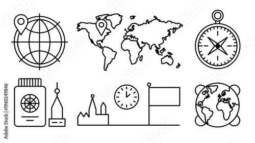 Global World Line Icon Set Earth, Geography and International Symbols Collection
