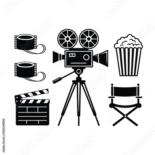 Black silhouette icons representing filmmaking cinema and movie night