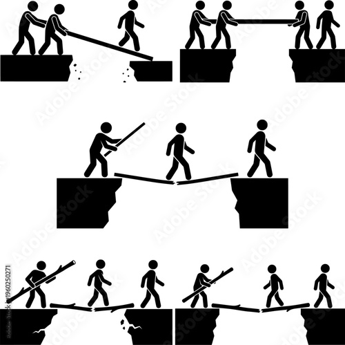 Bridge Building and Destruction Concept Illustration – Teamwork vs Sabotage, Cooperation, Conflict and Problem Solving Silhouette Set