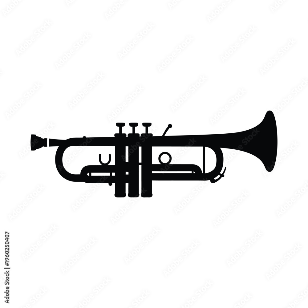 Naklejka premium A black silhouette of a trumpet against a plain white background
