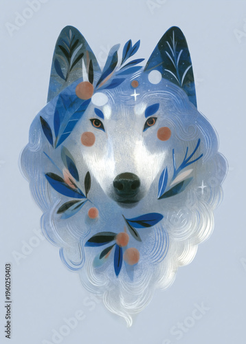 wolf. Harmony with nature. Ethereal white wolf portrait adorned with blue botanical leaves and coral berries. Magical grainy textured illustration perfect for eco-spiritual and woodland-themed design.