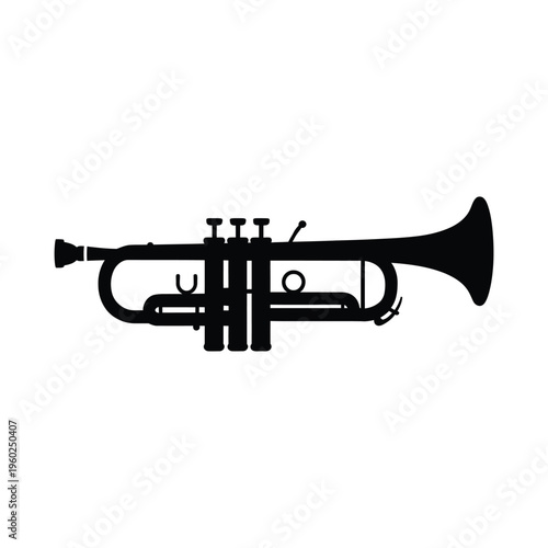 A black silhouette of a trumpet against a plain white background