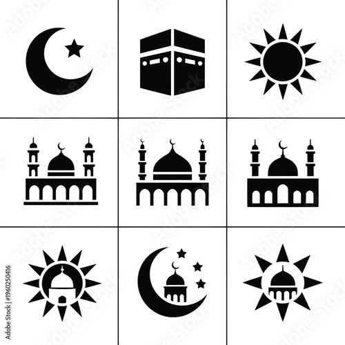 Islamic symbols and architecture depicted in a black and white grid