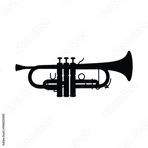 A stark silhouette of a trumpet against a plain white background