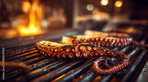 Delicious Octopus Tentacles Grilling Over Open Flames at Night.