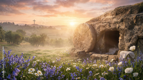 Wallpaper Mural Empty tomb of jesus christ with a stone rolled away, sunrise background, cross on the hill, resurrection concept, religious scenery Torontodigital.ca