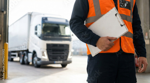 Wallpaper Mural Closeup of a warehouse worker in a highvisibility vest holding a clipboard with a delivery truck in the background at a loading dock Torontodigital.ca