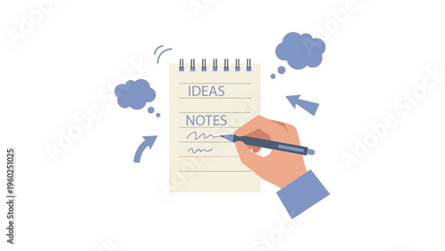 Hand holding pen over notepad paper.