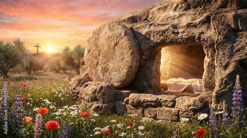 Wallpaper Mural Empty tomb of jesus christ with a stone rolled away at sunrise, featuring a cross in the distance and a field of spring flowers Torontodigital.ca