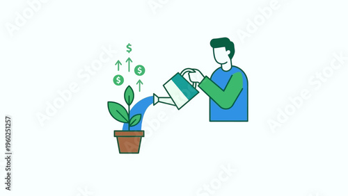 Man watering plant with money growing.