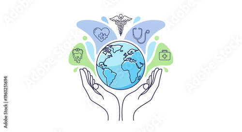 Vector illustration of hands cradling the Earth surrounded by medical symbols and icons promoting global health awareness on World Health Day social media template