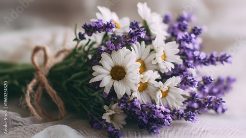A beautiful bouquet of fresh daisies and fragrant lavender tied with twine.