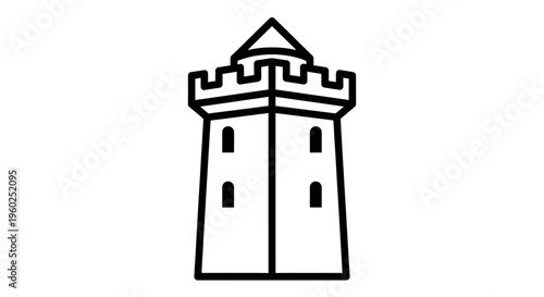 Castle Tower Icon. Simple black and white outline vector illustration of a medieval fortress or rook symbol graphic design element.