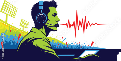 Sports Commentator with Headset Illustration Live Stadium Broadcast Announcer Character with Audio Waveform Communication Concept for Esports Streaming Radio Commentary and Media Vector Designs