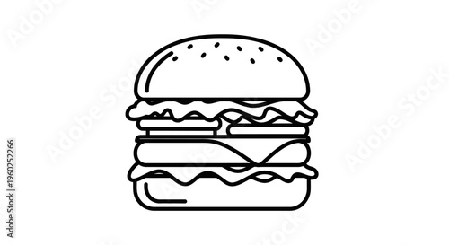 Outline icon of a delicious classic hamburger with a sesame bun, patty, cheese, and lettuce, representing fast food and street food