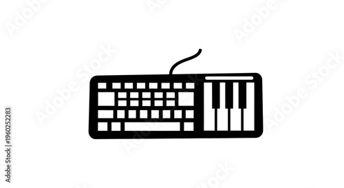 Creative computer keyboard combined with musical piano keys, representing digital music production, technology, and sound design concept. Silhouette icon.