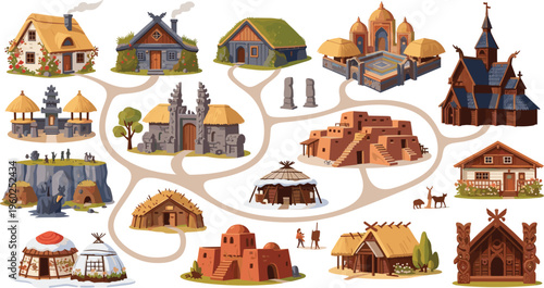 Traditional Houses Around the World Vector Set with Indigenous Architecture Vernacular Dwellings Temples Huts Adobe Homes and Cultural Heritage Buildings Global Housing Illustration Collection