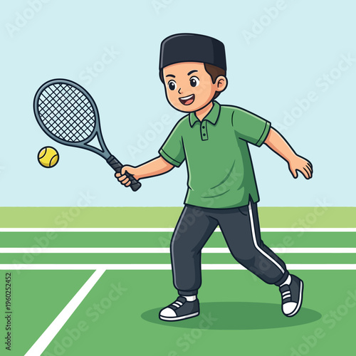 Playful Boy Swinging Tennis Racket on a Sunlit Court – Cartoon Illustration from a Dynamic Front View