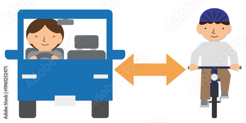 車道を走る自転車を追い抜く自動車の車間距離をイメージした交通ルールのイラスト素材