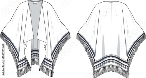 poncho cape technical fashion sketch front and back view with fringe detail isolated on white background, apparel vector illustration template