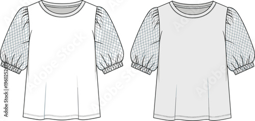 puff sleeve blouse technical fashion sketch front and back view with sheer mesh sleeves isolated on white background apparel vector