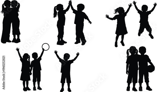 Black silhouettes of happy children playing jumping high five hugging and holding hands isolated on white background vector