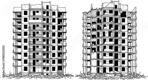 Abandoned and destroyed apartment buildings line art illustration set of ruined city urban structures isolated on white background