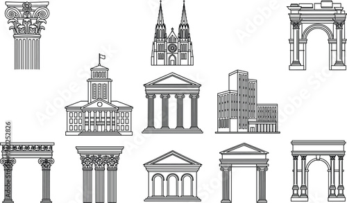 Architectural landmark icons set with classical columns building facades and greek temple monuments vector line art for design