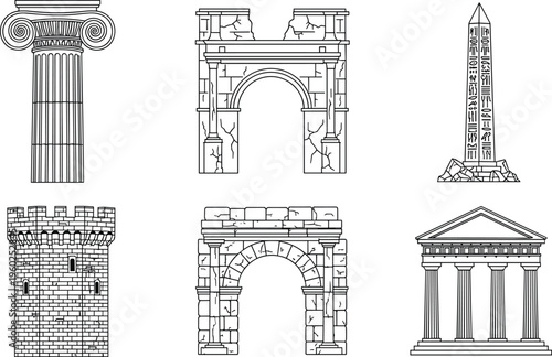 Collection of ancient architectural monument vector line art illustrations with Roman columns Greek temples and historical Egyptian obelisk