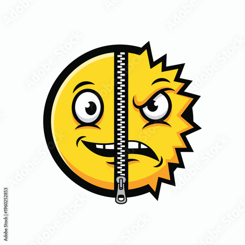Dual personality emoji character with zipper dividing happy and angry faces vector illustration showing emotional conflict mood swing and mental health concept for digital communication.