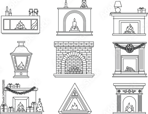 Collection of Christmas fireplace vector line art illustrations with festive mantel decorations and cozy home interior design elements