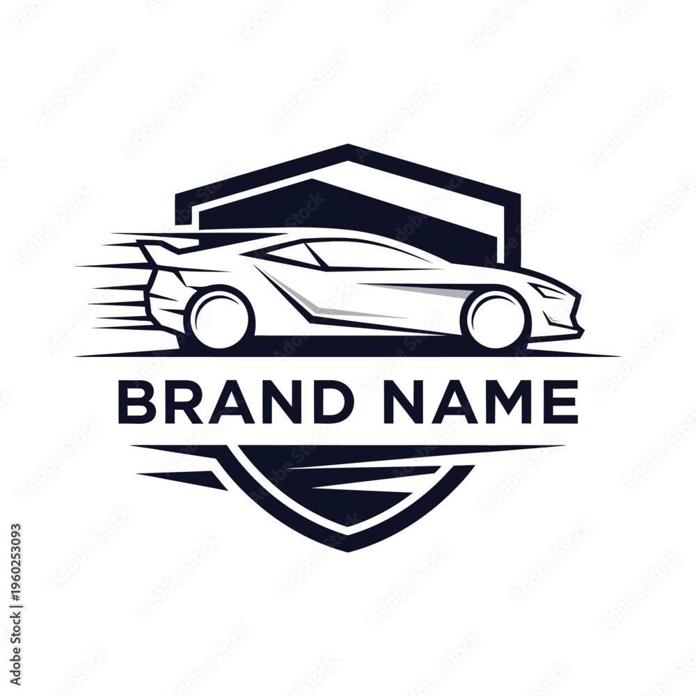Obraz premium Fast sports car vector logo design, speedy automobile emblem with shield and brand name, luxury vehicle illustration, automotive industry branding, modern and dynamic.