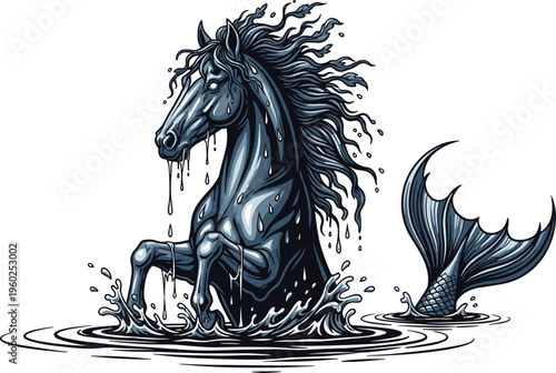 Kelpie Water Horse Mythical Creature Illustration Emerging from Lake with Splashing Waves Fantasy Folklore Spirit Animal Symbol for Tattoos Logos Mascots and Vector Designs