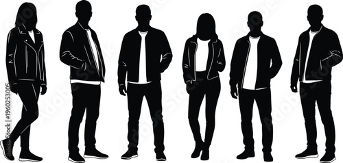 Group of diverse young people silhouettes wearing stylish jackets and casual clothes standing together on a white background